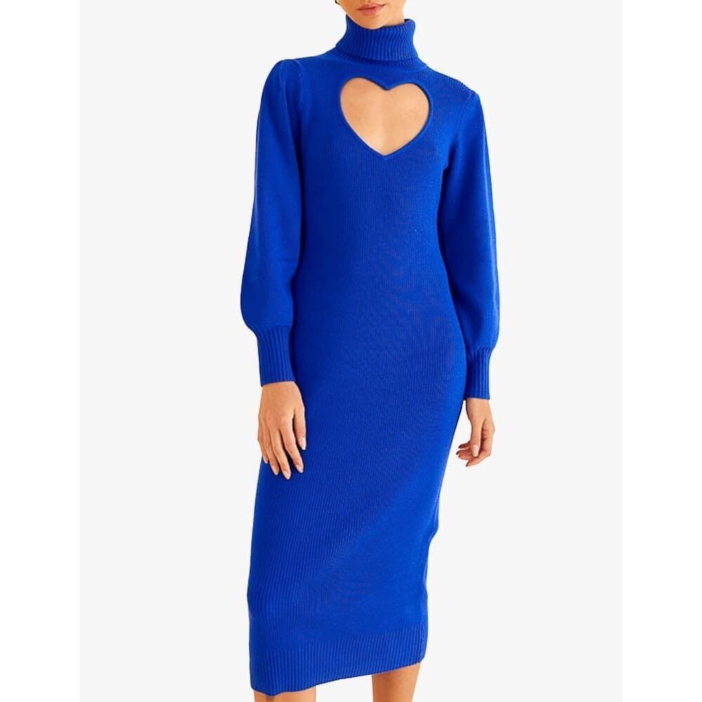 Farm Rio Bright Blue Ribbed Knit Heart Cutout‎ Turtleneck Sweater Midi Dress NEW - Picture 8 of 16